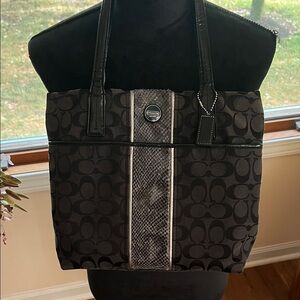 Coach stripe python tote, jacquard and patent leather